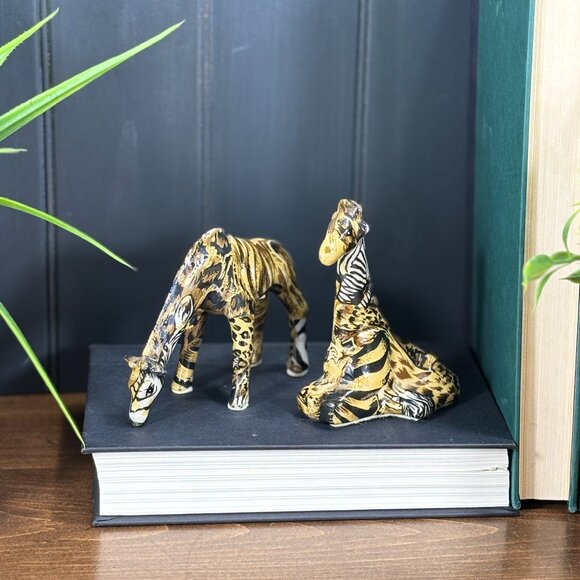 Pair of Vintage Giraffe Figurines in Animal Print Decoupage Safari Shelf Decor - Picture 1 of 15